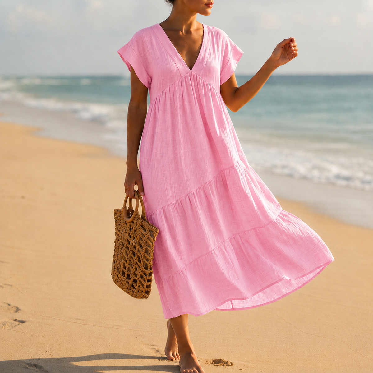 Women's V-Neck Tiered Midi Dress Elegant Draped Fit – Elara