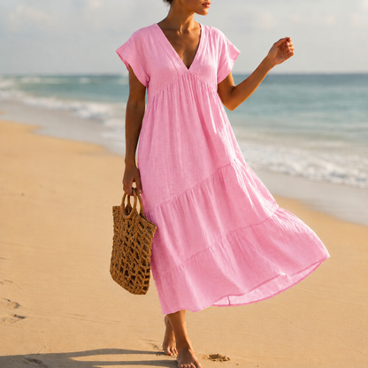 Women's V-Neck Tiered Midi Dress Elegant Draped Fit – Elara