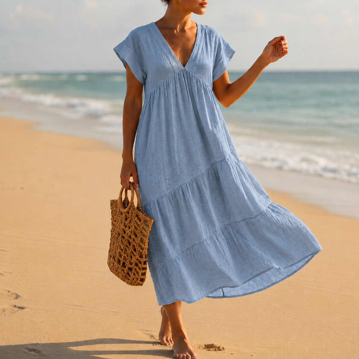 Women's V-Neck Tiered Midi Dress Elegant Draped Fit – Elara