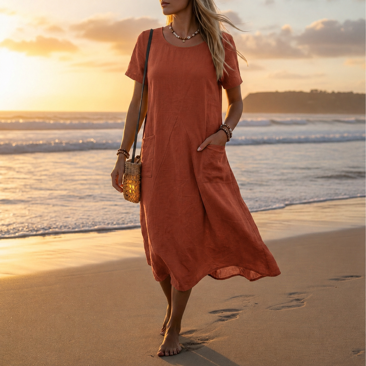 Women's Cotton Blend Panelled A-Line Midi Dress with Pockets – Maren