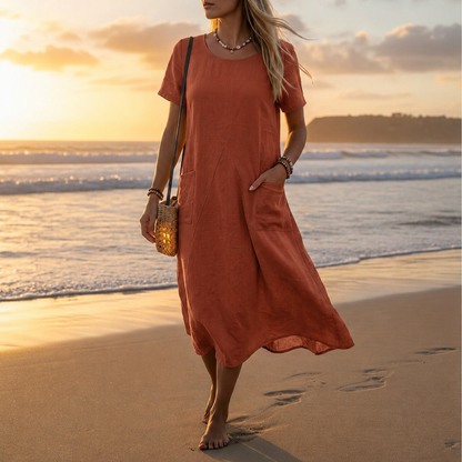 Women's Cotton Blend Panelled A-Line Midi Dress with Pockets – Maren