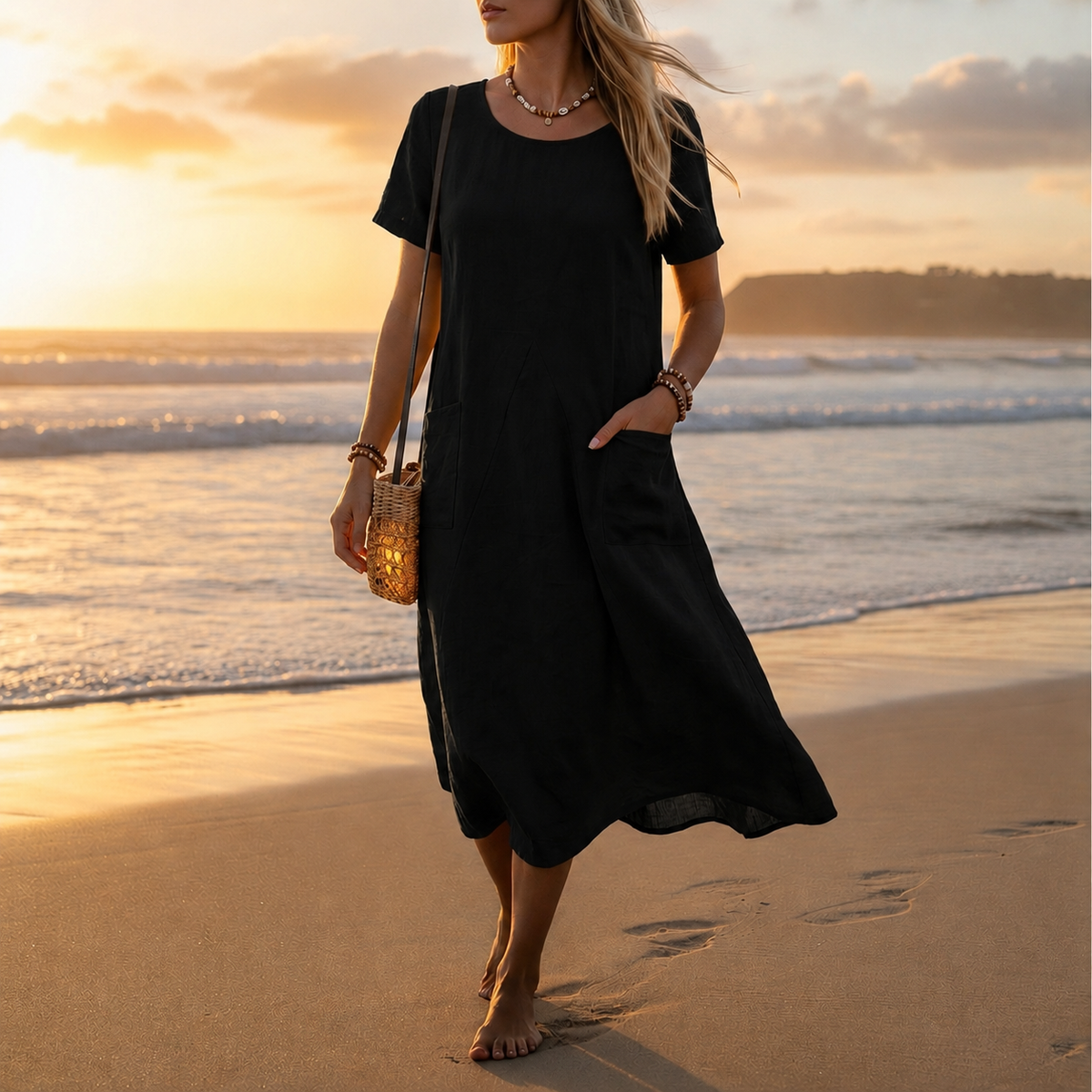 Women's Cotton Blend Panelled A-Line Midi Dress with Pockets – Maren