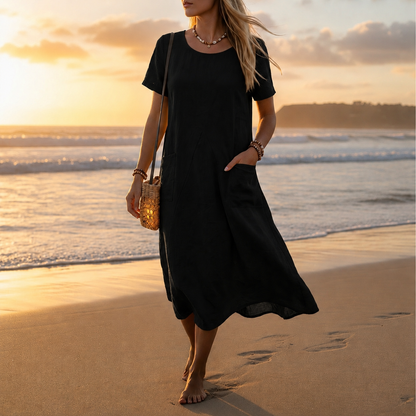 Women's Cotton Blend Panelled A-Line Midi Dress with Pockets – Maren