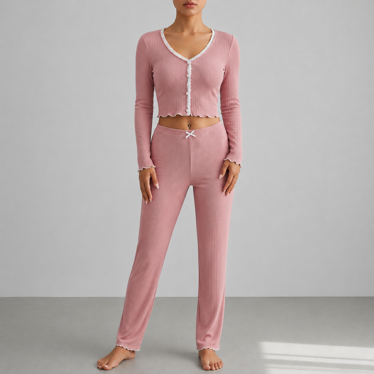 Women's Ribbed Lace Trim Pajama Set Soft Relaxed Fit – Elara