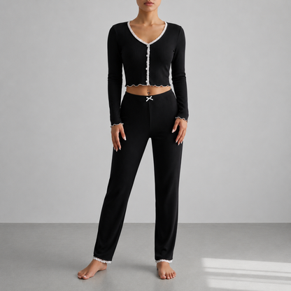 Women's Ribbed Lace Trim Pajama Set Soft Relaxed Fit – Elara