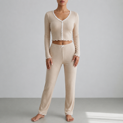 Women's Ribbed Lace Trim Pajama Set Soft Relaxed Fit – Elara