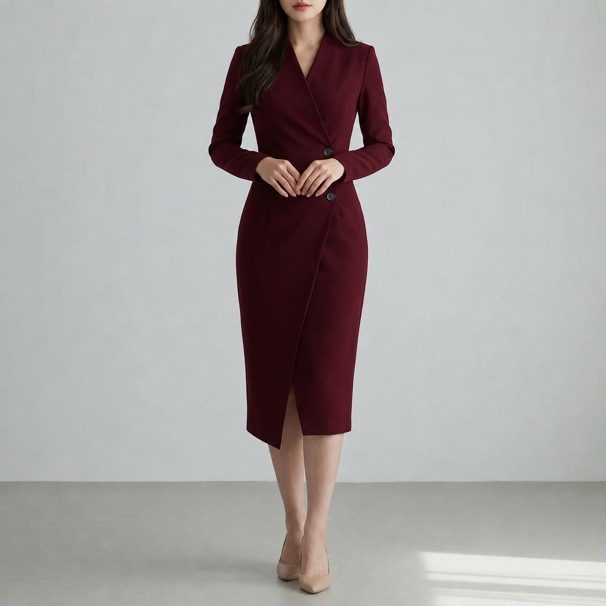 Women's Burgundy Wrap Midi Dress Button Detail – Elara