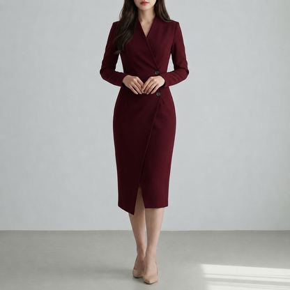 Women's Burgundy Wrap Midi Dress Button Detail – Elara