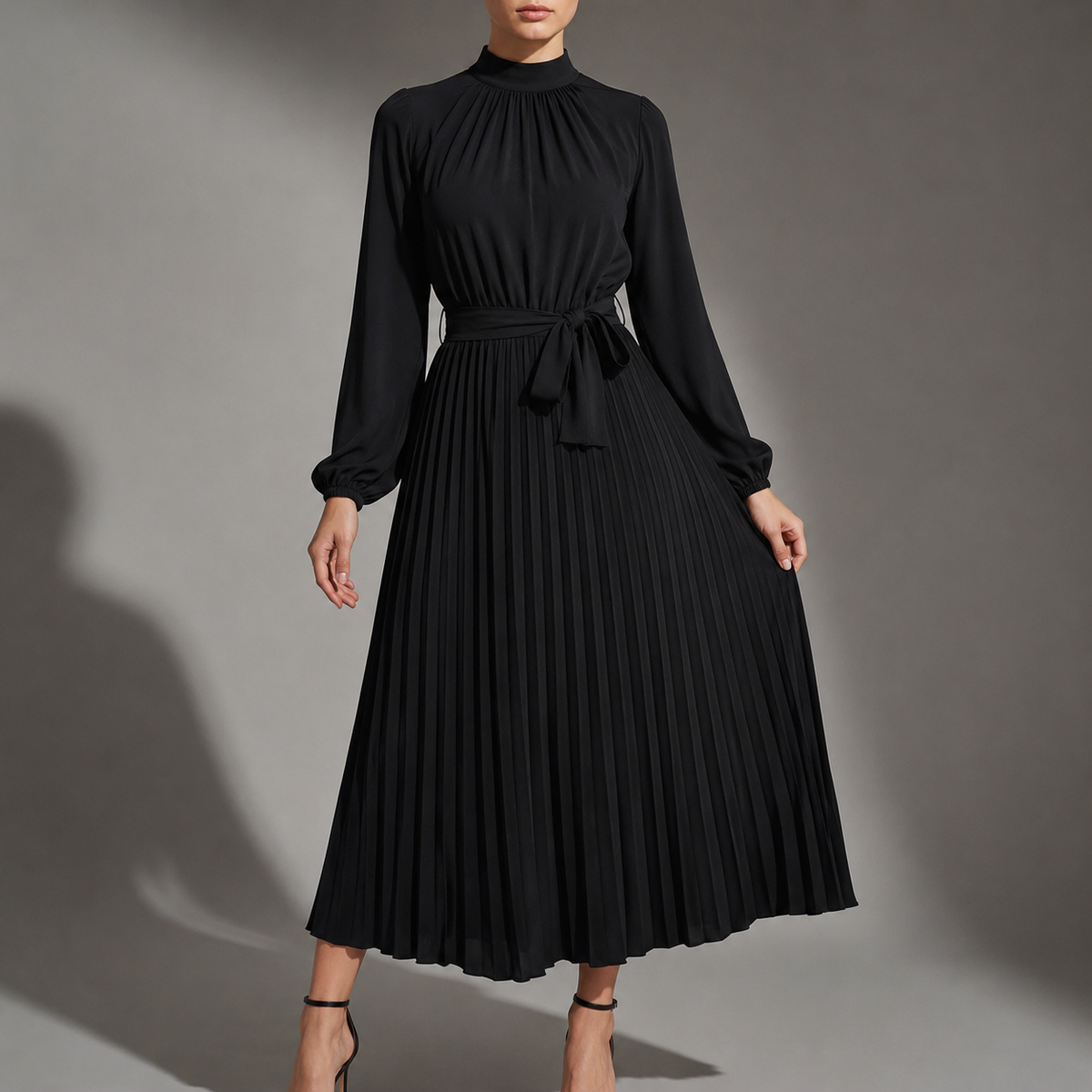 Women's Pleated Midi Dress Long Sleeve Belted Waist – Celeste