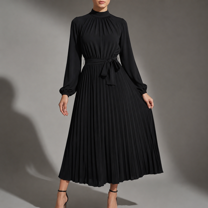 Women's Pleated Midi Dress Long Sleeve Belted Waist – Celeste