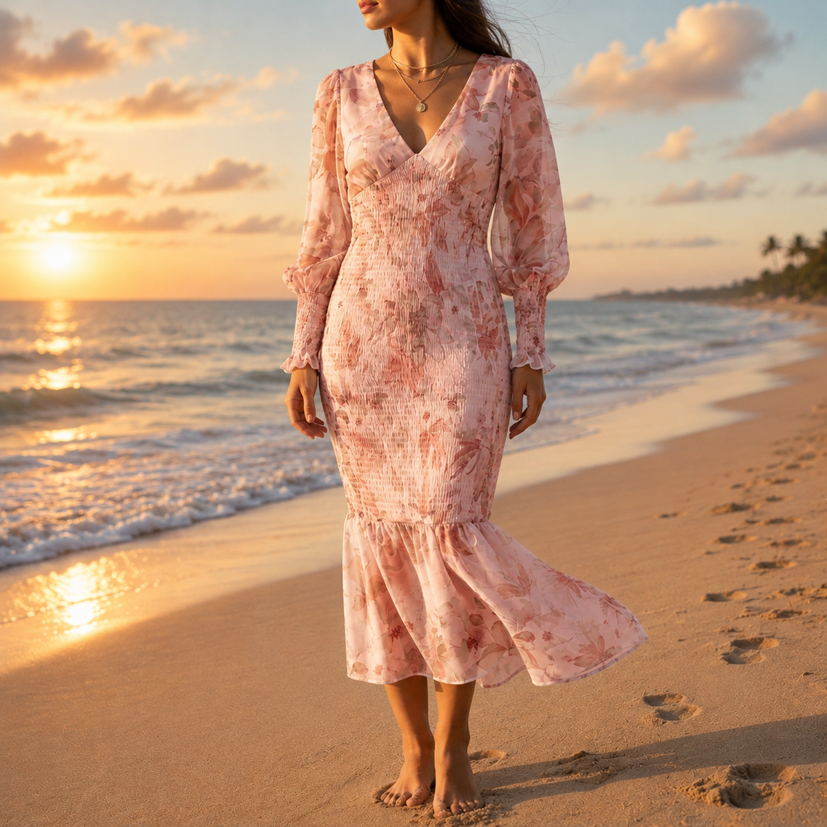 Floral V-Neck Midi Dress With Puff Sleeves – Amara