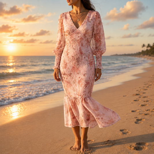 Floral V-Neck Midi Dress With Puff Sleeves – Amara