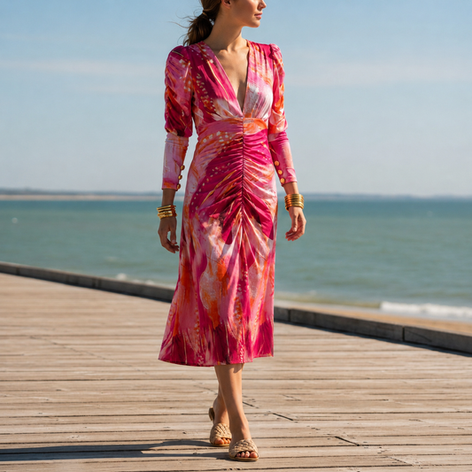 Women's Wrap Midi Dress V-Neck Ruched Print Occasionwear – Elara
