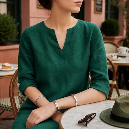Women's Linen Midi Dress V-Neck Flowing Silhouette – Aurelia