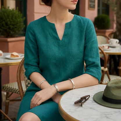 Women's Linen Midi Dress V-Neck Flowing Silhouette – Aurelia