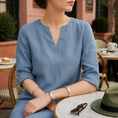 Women's Linen Midi Dress V-Neck Flowing Silhouette – Aurelia