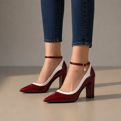 Women's Patent Block Heel Shoes Pointed Toe Faux Leather – Celeste