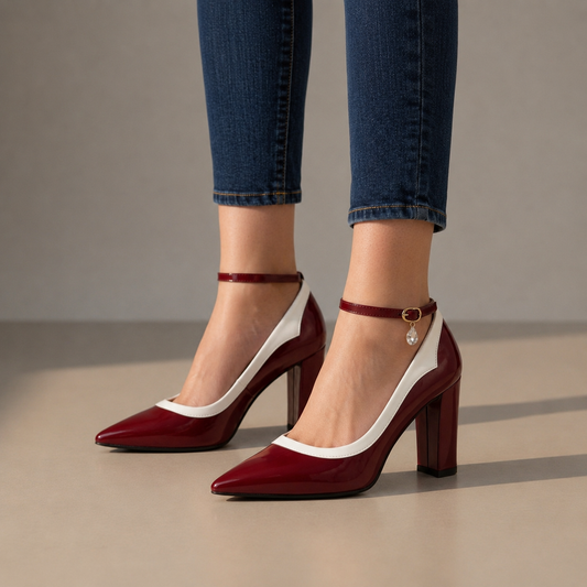 Women's Patent Block Heel Shoes Pointed Toe Faux Leather – Celeste