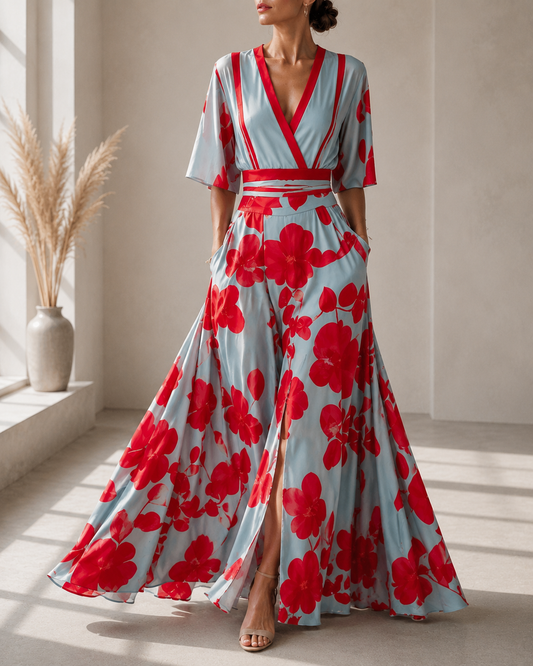 Women's Floral Wrap Maxi Dress Silk-Like V-Neck – Elara