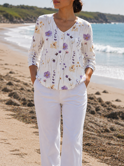 Women's Floral Linen Blend Three-Quarter Sleeve Blouse – Celeste