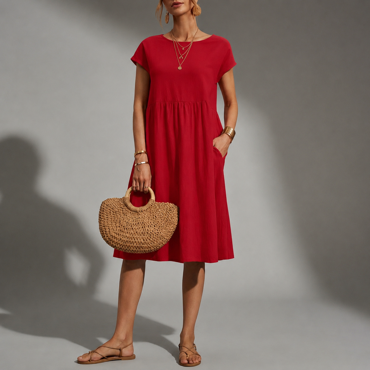 Women's Cap-Sleeve Midi Dress Relaxed Fit Lightweight – Maren
