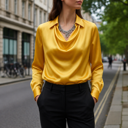 Women's Satin-Feel Draped Blouse Relaxed Fit Long Sleeve – Celeste