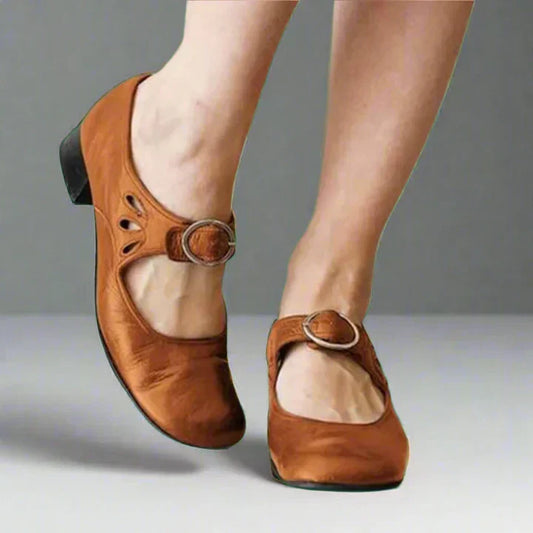 Women's Leather Sandals Cushioned Low Heel Buckle Strap – Celeste