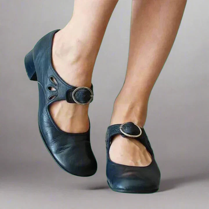 Women's Leather Sandals Cushioned Low Heel Buckle Strap – Celeste
