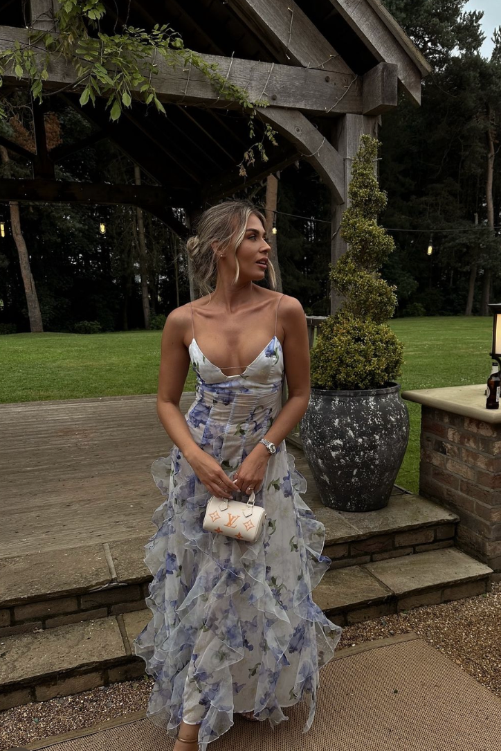 Maisie Floral Maxi Dress with Adjustable Straps, Sheer Fabric, and Ruffle Details