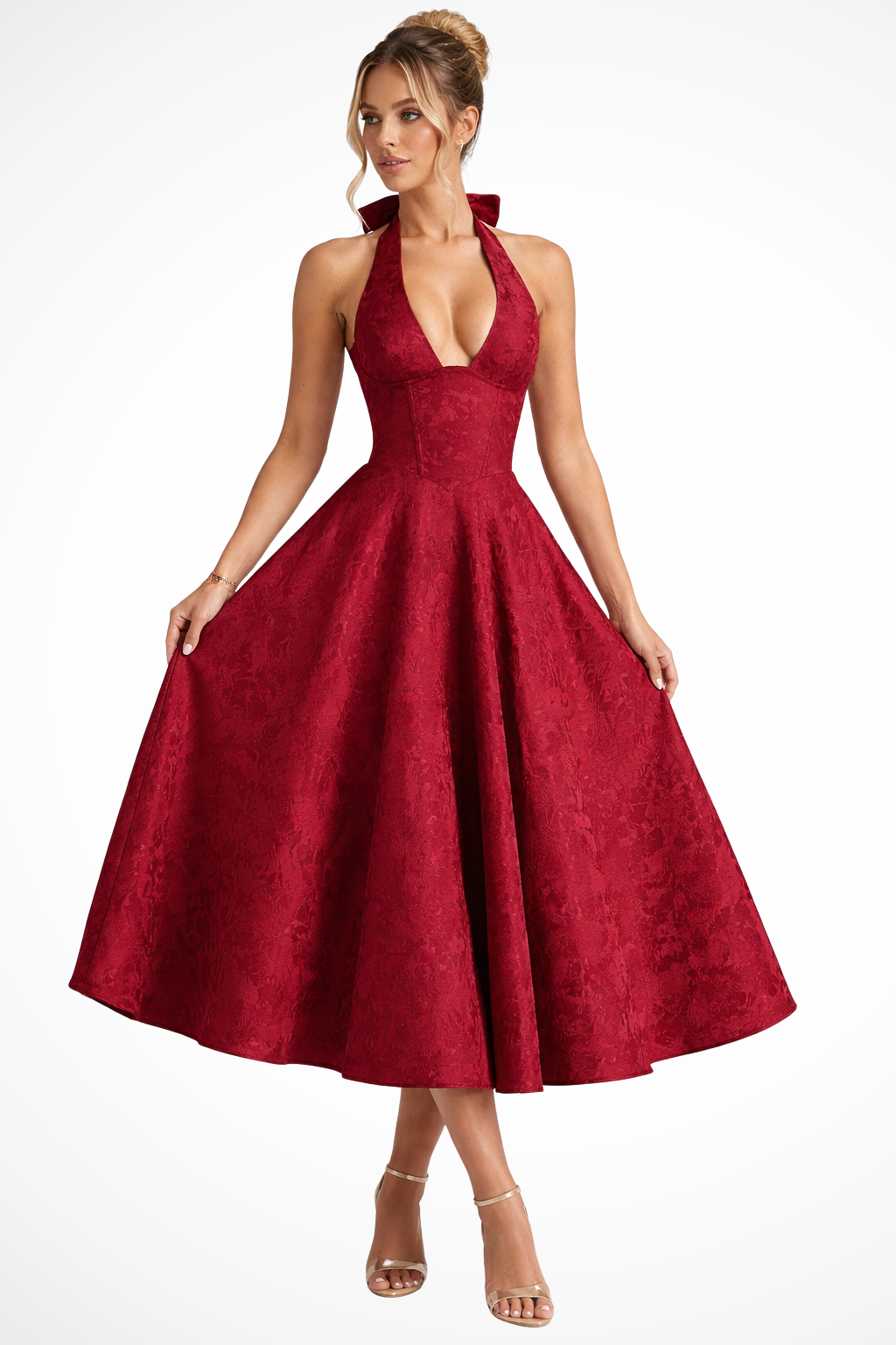 Rosalind Women’s Halter Neck Backless Corset Midi Dress for Summer Weddings