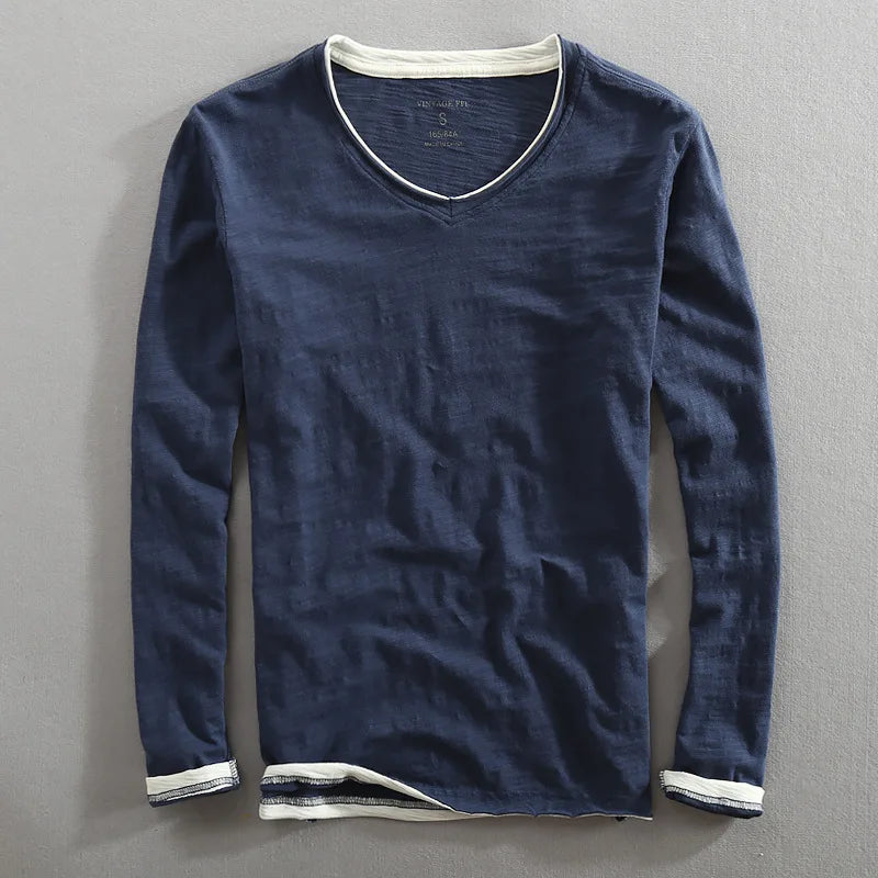 Nightfall V-Neck Shirt with White Trim – Comfortable Casual Tee