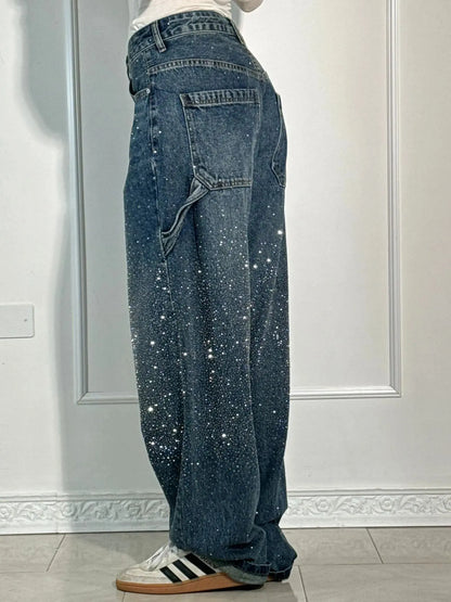 Jean droit décontracté en denim bleu glamour avec détails en strass - Coupe décontractée
