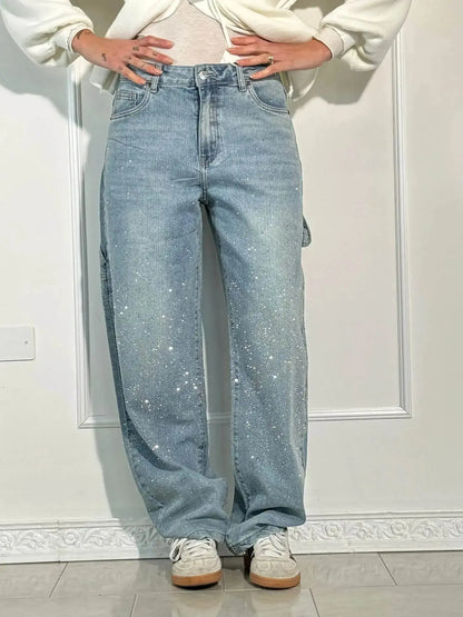 Jean droit décontracté en denim bleu glamour avec détails en strass - Coupe décontractée
