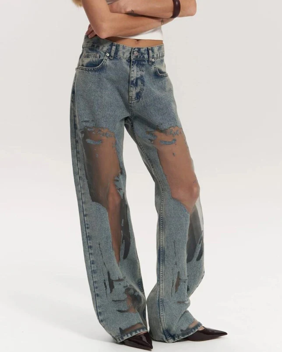 Vintage Wash High-Waisted Wide Leg Jeans for Women with Distinctive Mesh Patchwork Design