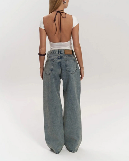 Vintage Wash High-Waisted Wide Leg Jeans for Women with Distinctive Mesh Patchwork Design