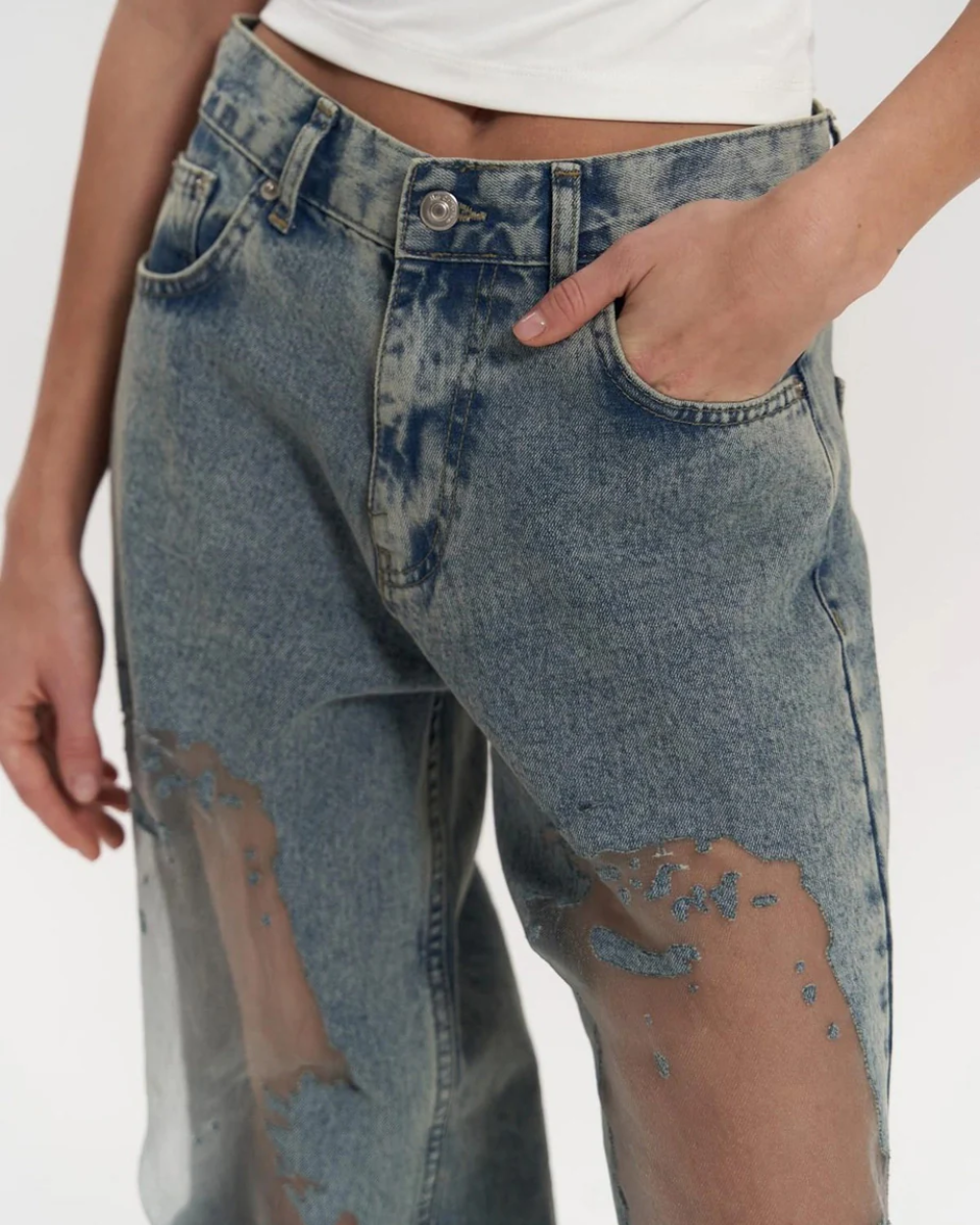 Vintage Wash High-Waisted Wide Leg Jeans for Women with Distinctive Mesh Patchwork Design