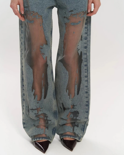 Vintage Wash High-Waisted Wide Leg Jeans for Women with Distinctive Mesh Patchwork Design