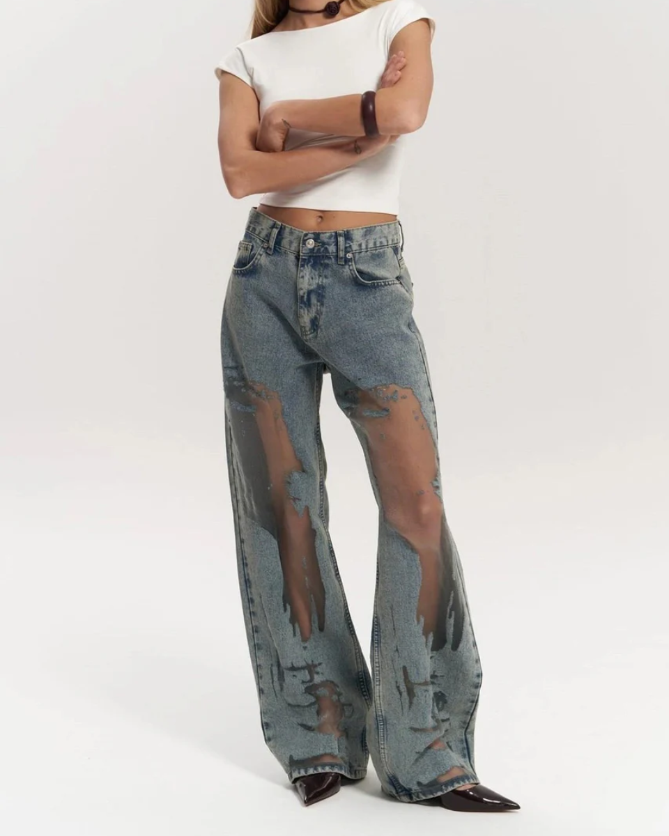 Vintage Wash High-Waisted Wide Leg Jeans for Women with Distinctive Mesh Patchwork Design