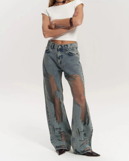 Vintage Wash High-Waisted Wide Leg Jeans for Women with Distinctive Mesh Patchwork Design