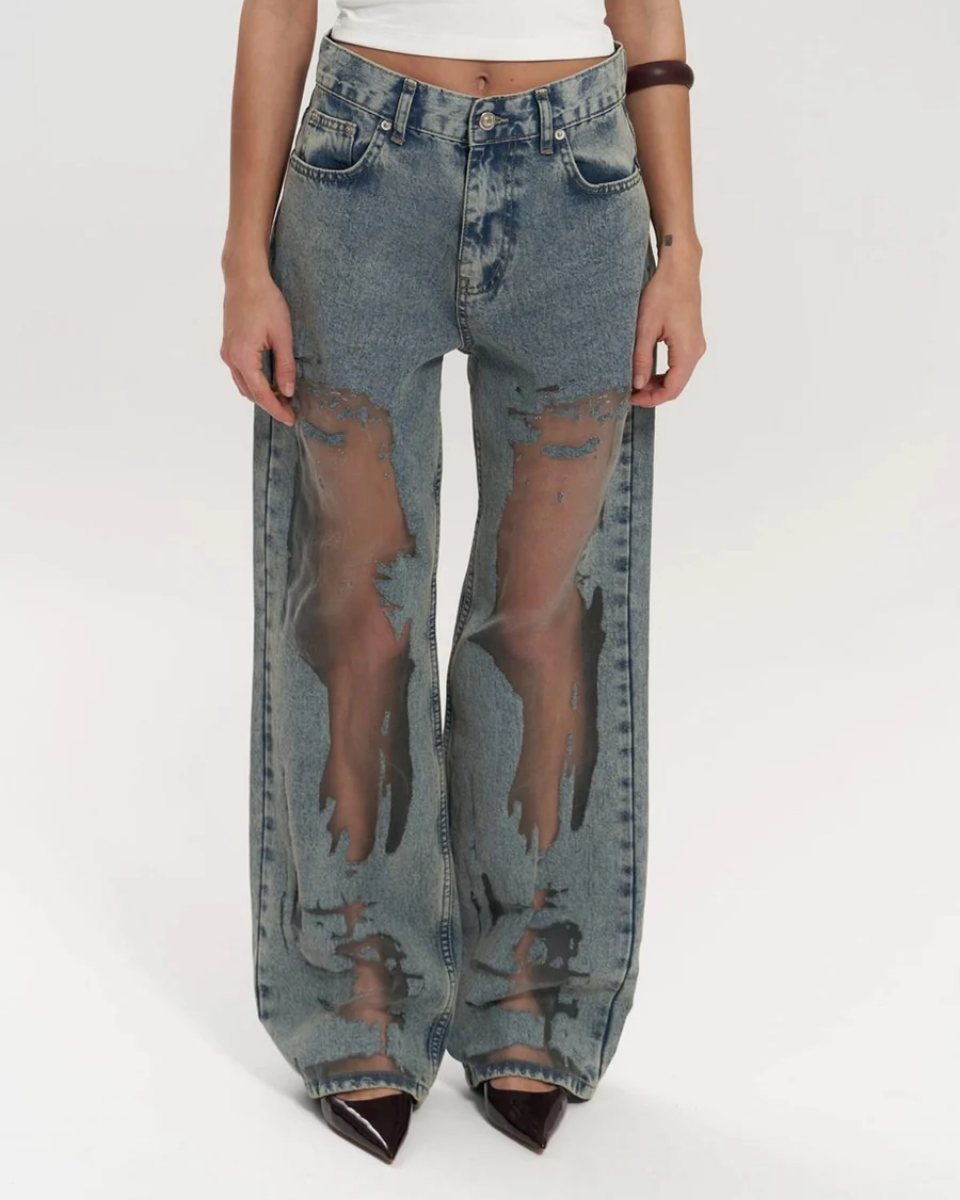 Vintage Wash High-Waisted Wide Leg Jeans for Women with Distinctive Mesh Patchwork Design