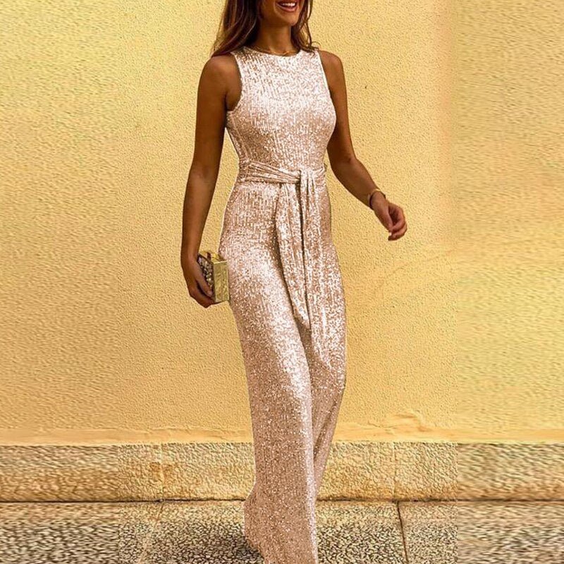 Combinaison sans manches à jambes larges avec sequins dorés et ceinture à la taille