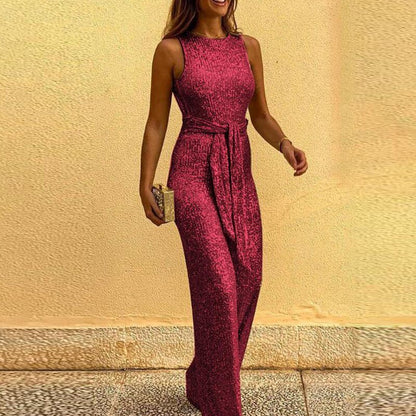 Combinaison sans manches à jambes larges avec sequins dorés et ceinture à la taille
