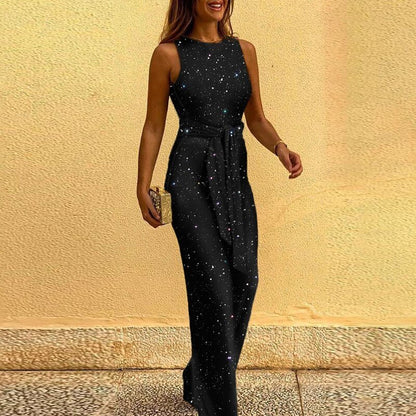 Combinaison sans manches à jambes larges avec sequins dorés et ceinture à la taille