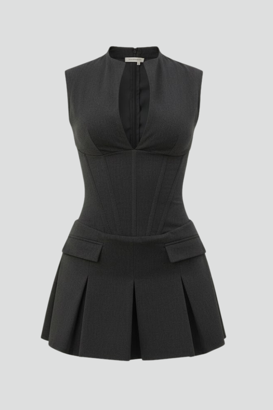 Naomi | Women’s Pleated Skirt Mini Dress with Plunge Neck