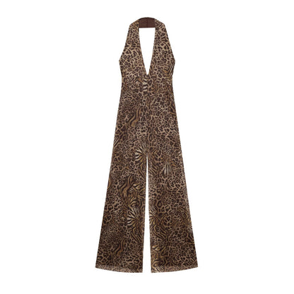 Combinaison à jambes larges et col halter imprimé léopard
