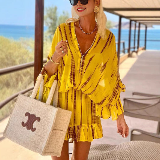 Women’s Boho Ruffle Mini Dress – V Neck Flowy Summer Beach Dress