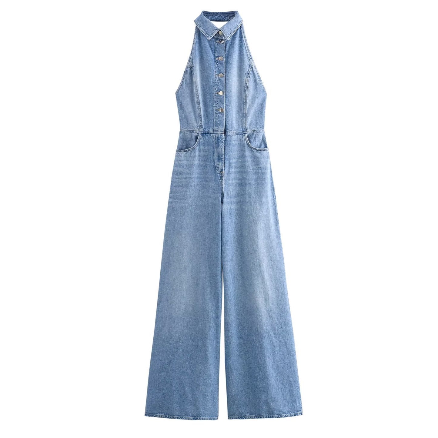 Combinaison en jean à jambes larges et col halter