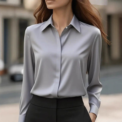 Elegant Silk Blouse with Classic Collar and Button Details, Timeless Style for Women