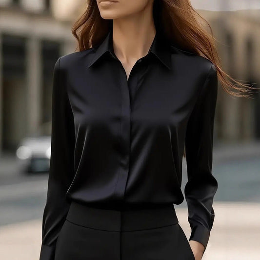 Elegant Silk Blouse with Classic Collar and Button Details, Timeless Style for Women