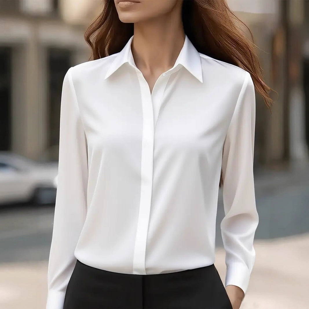 Elegant Silk Blouse with Classic Collar and Button Details, Timeless Style for Women